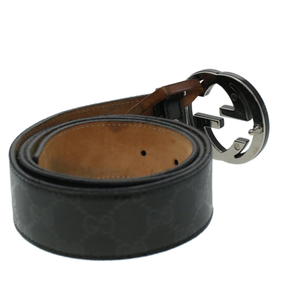 GUCCI GG Canvas Interlocking Belt Leather Canvas 43.3"" Black Auth ar9475 - 0