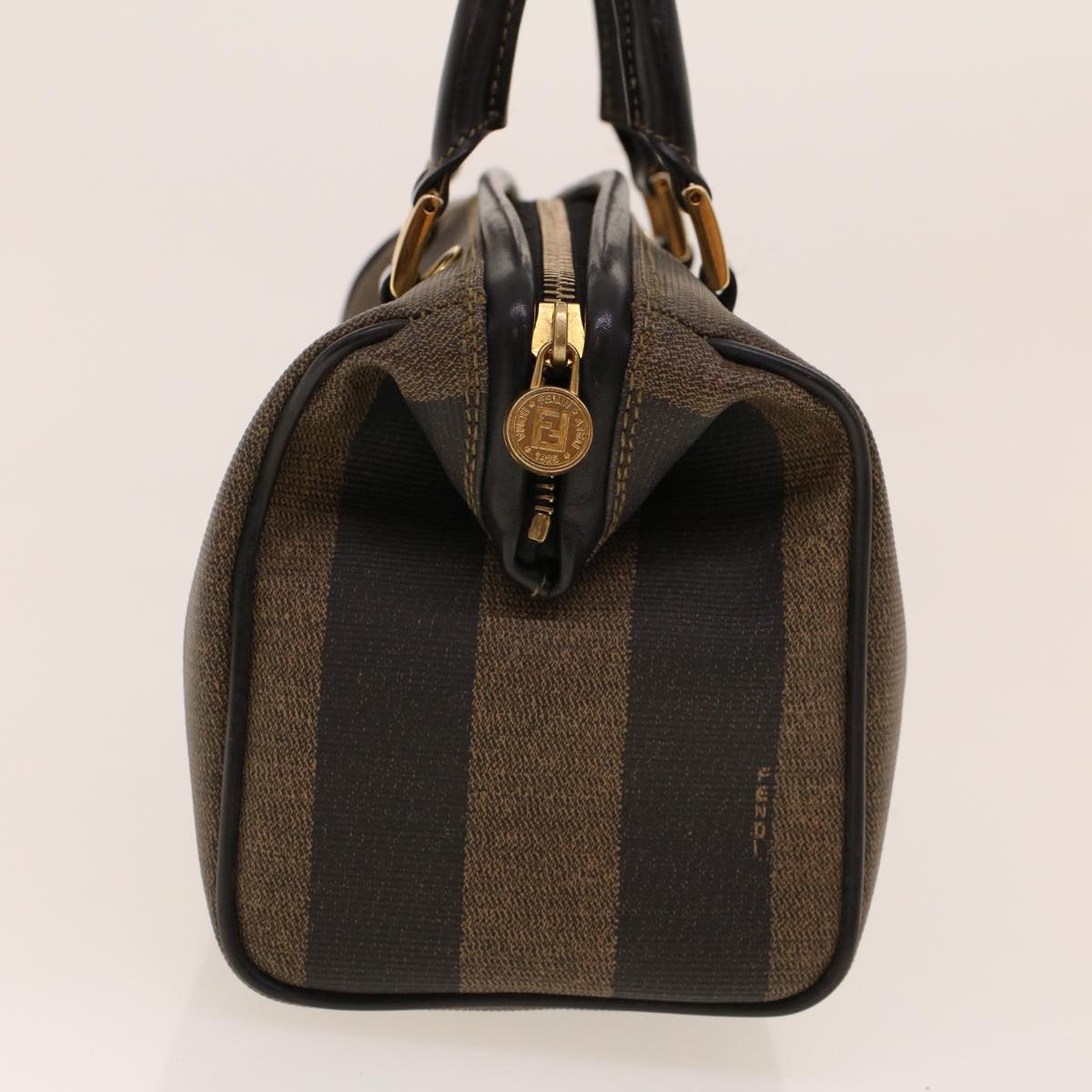 FENDI Pecan Canvas Mini Boston Bag PVC Leather Brown Black Auth ar9480