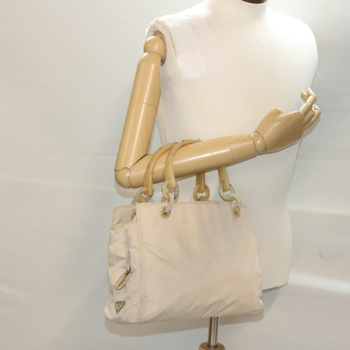 PRADA Chain Hand Bag Nylon Beige Auth ar9541B
