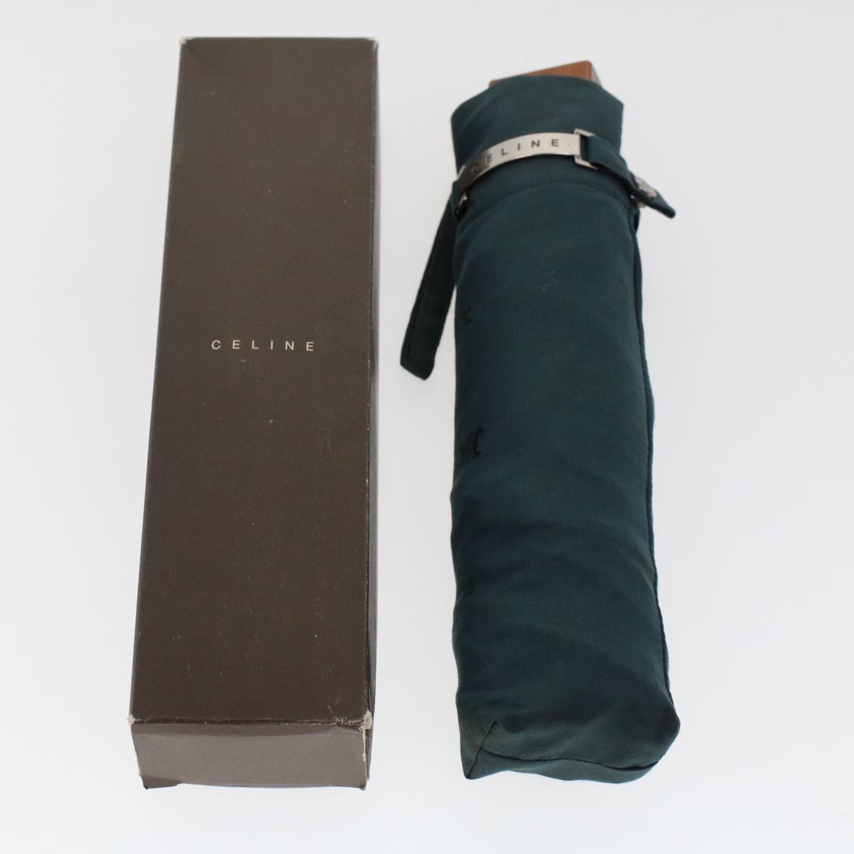 CELINE Macadam Canvas Folding Umbrella Nylon Green Brown Auth ar9574