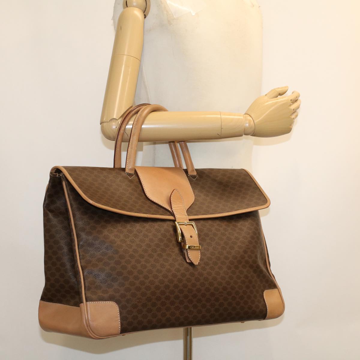 CELINE Macadam Canvas Boston Bag PVC Leather Brown Auth ar9577