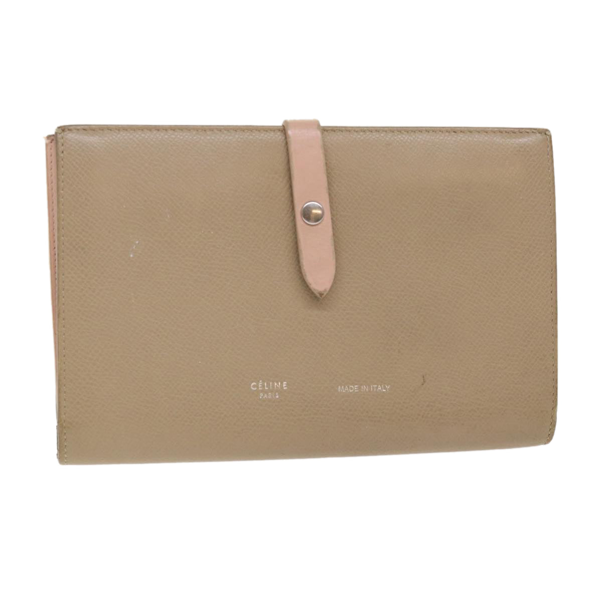 CELINE Large Strap Wallet Leather Beige Auth ar9727B