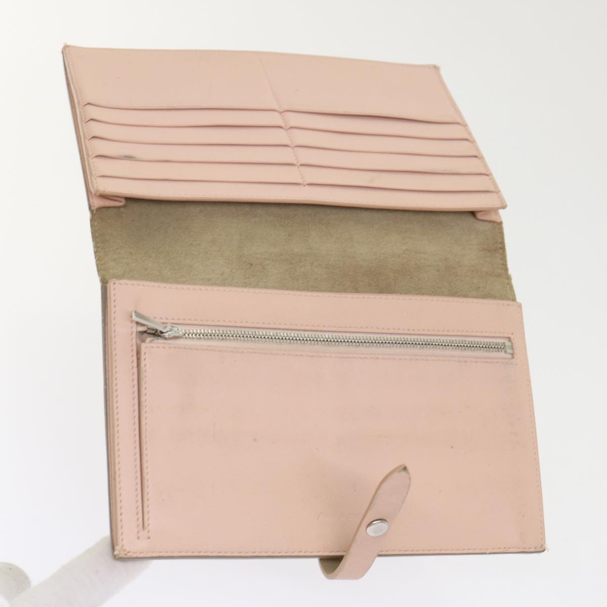 CELINE Large Strap Wallet Leather Beige Auth ar9727B