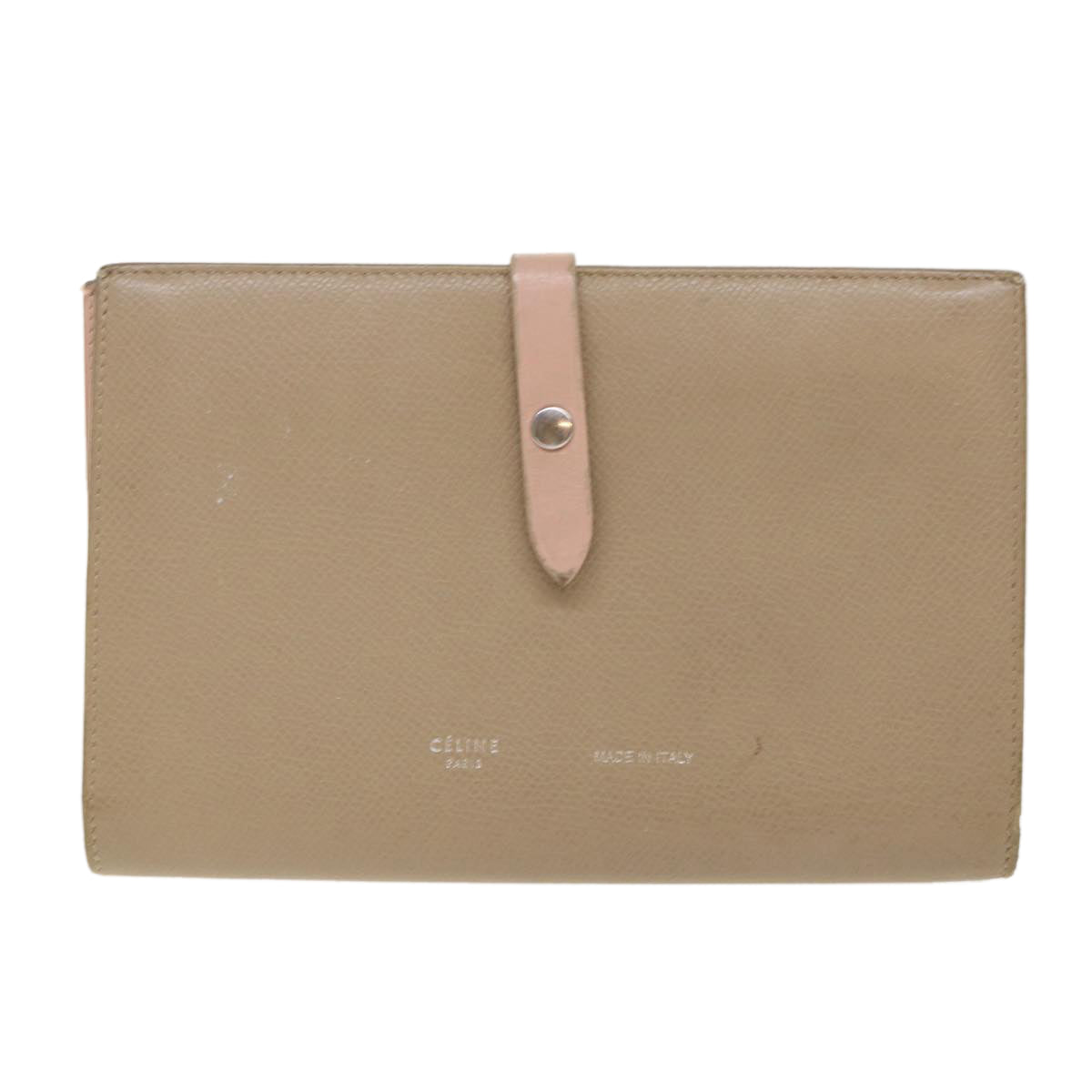 CELINE Large Strap Wallet Leather Beige Auth ar9727B