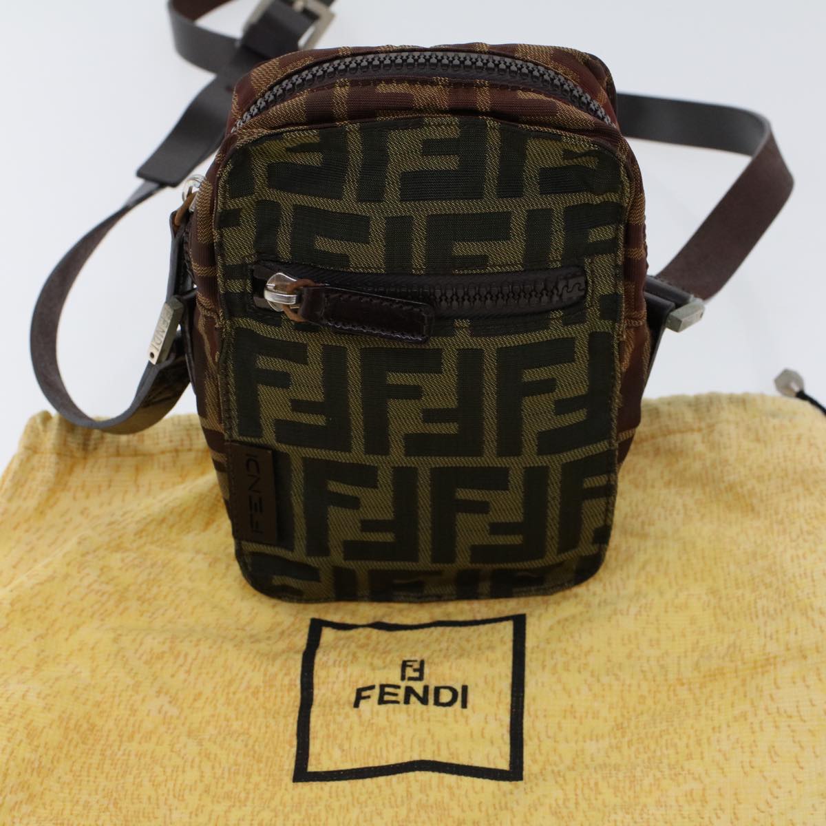 FENDI Zucca Canvas Shoulder Bag Black Brown Auth ar9736