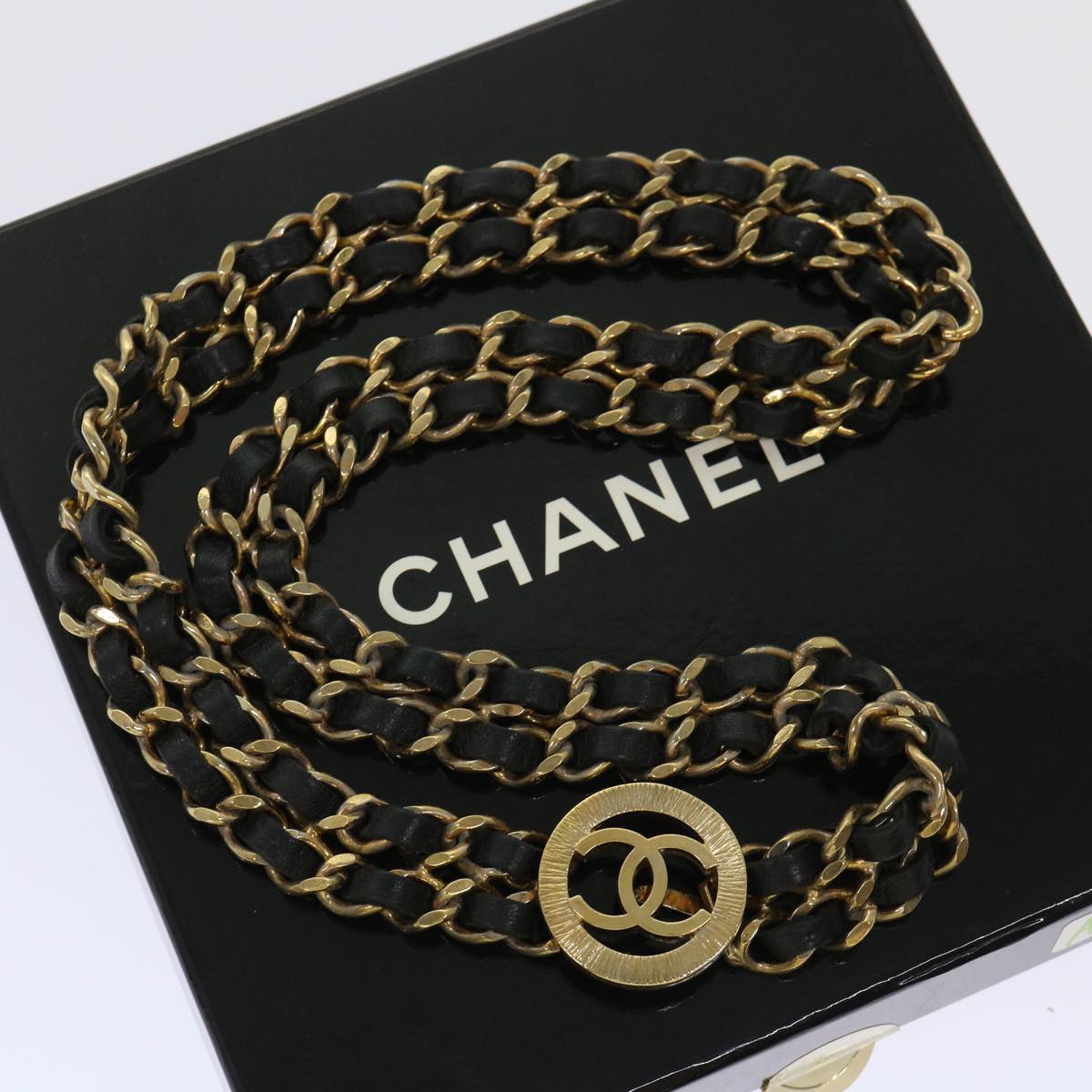 CHANEL Chain Belt Metal Leather Gold Tone Black CC Auth ar9801B