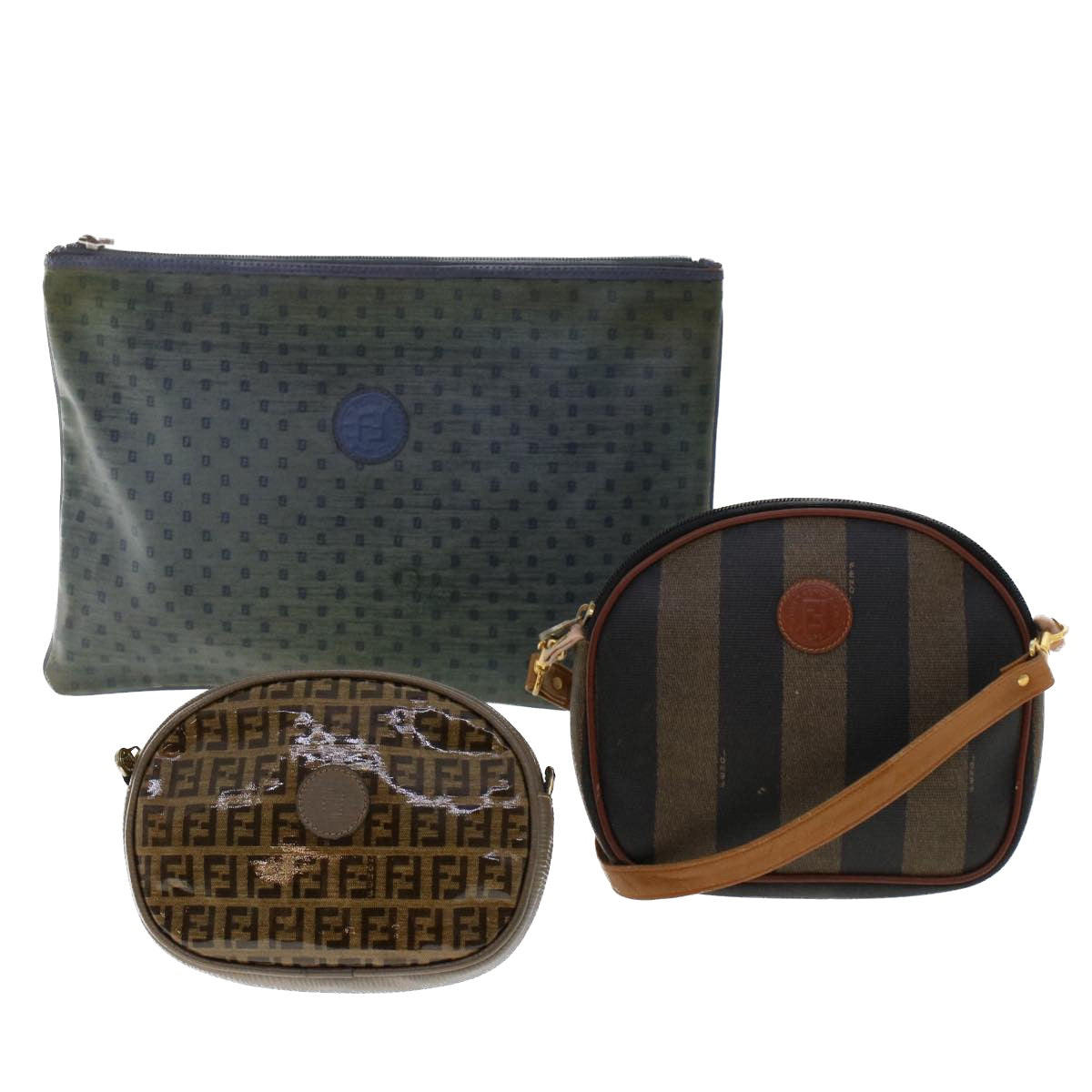 FENDI Zucchino Pequin Canvas Clutch Bag PVC Leather 3Set Blue Brown Auth ar9837