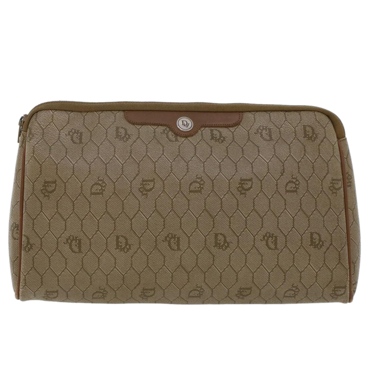 Christian Dior Honeycomb Canvas Clutch Bag PVC Leather Beige Auth ar9839