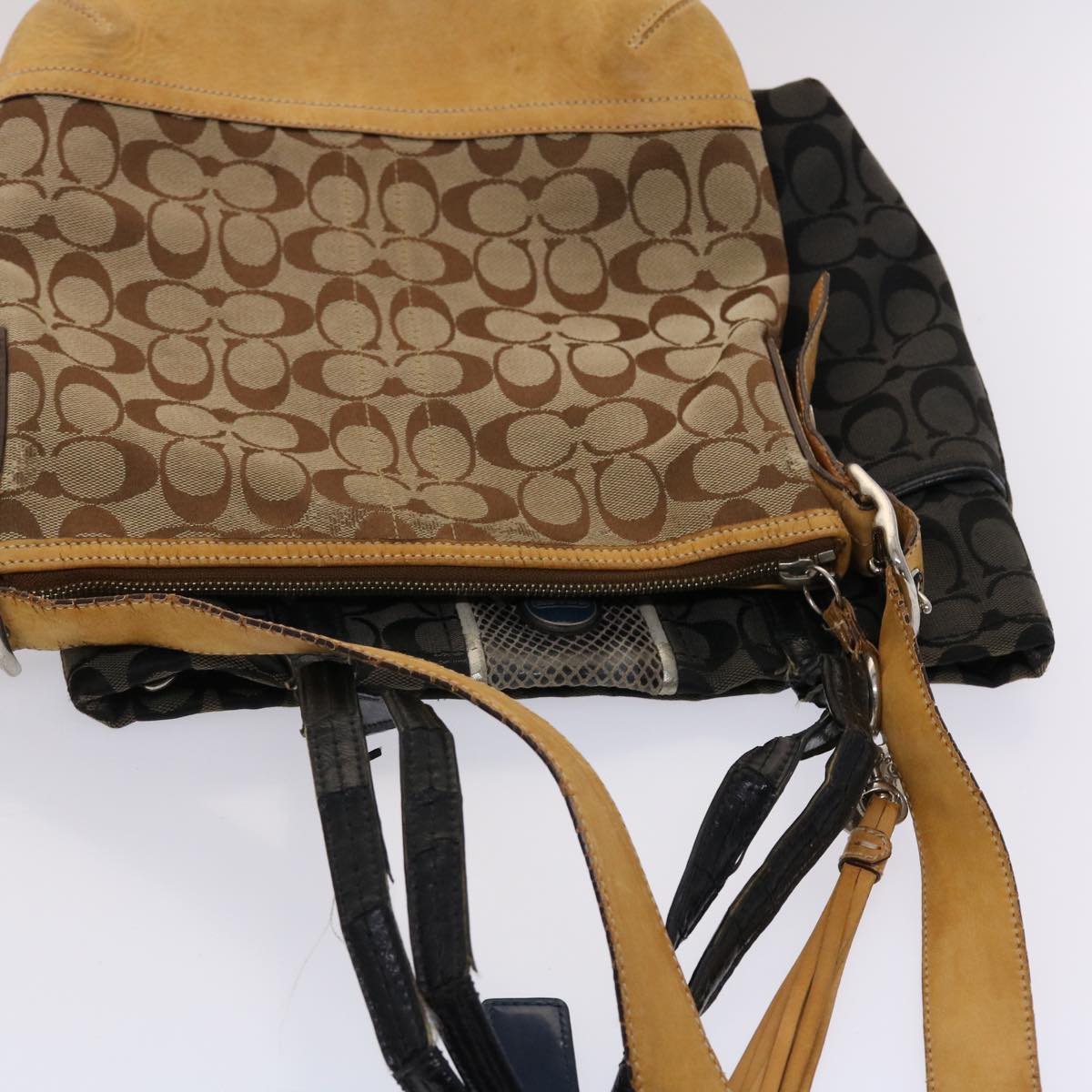Coach Signature Shoulder Bag Nylon Leather 3Set Brown Black Auth ar9856