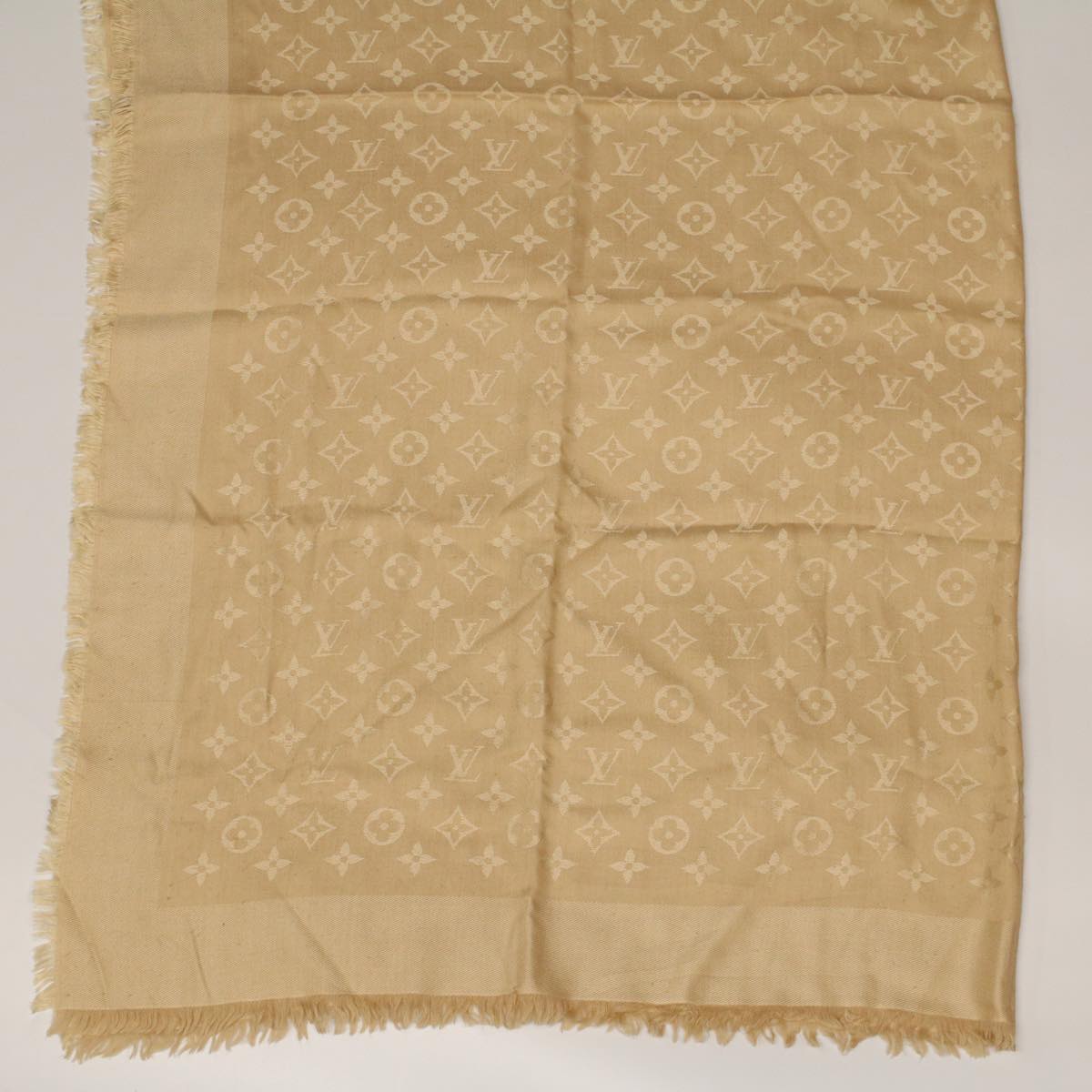 LOUIS VUITTON Monogram Large Stole Silk 55.1""x55.1"" Beige LV Auth ar9896B