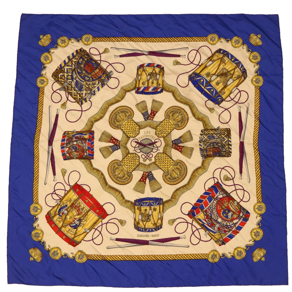 HERMES Carre 90 Scarf ""LES TAMBOURS"" Silk Blue Auth ar9897B