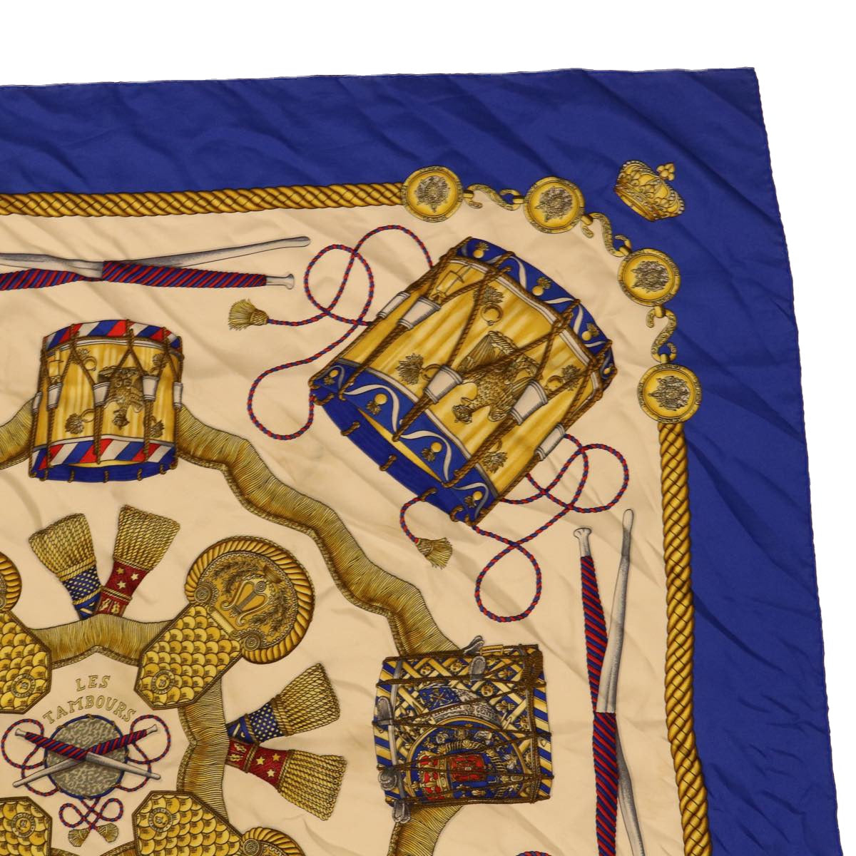 HERMES Carre 90 Scarf ""LES TAMBOURS"" Silk Blue Auth ar9897B