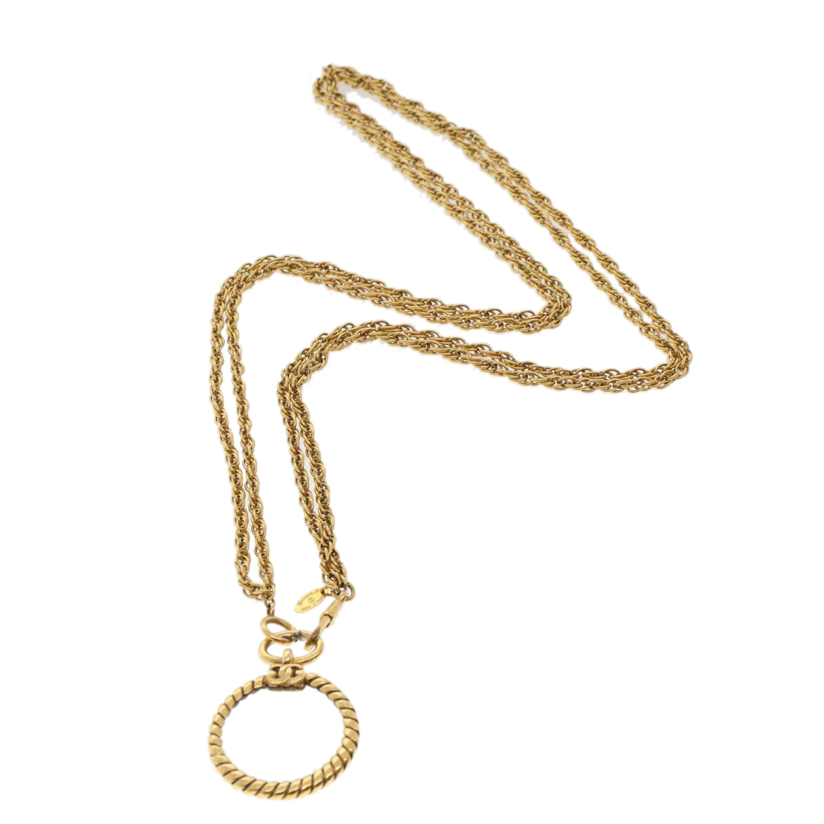 CHANEL Chain Magnifying Glass Hand Mirror Metal Gold Tone CC Auth ar9914B