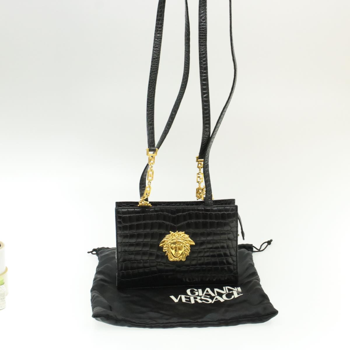 Gianni Versace Chain Shoulder Bag Leather Black Auth am053b - 0