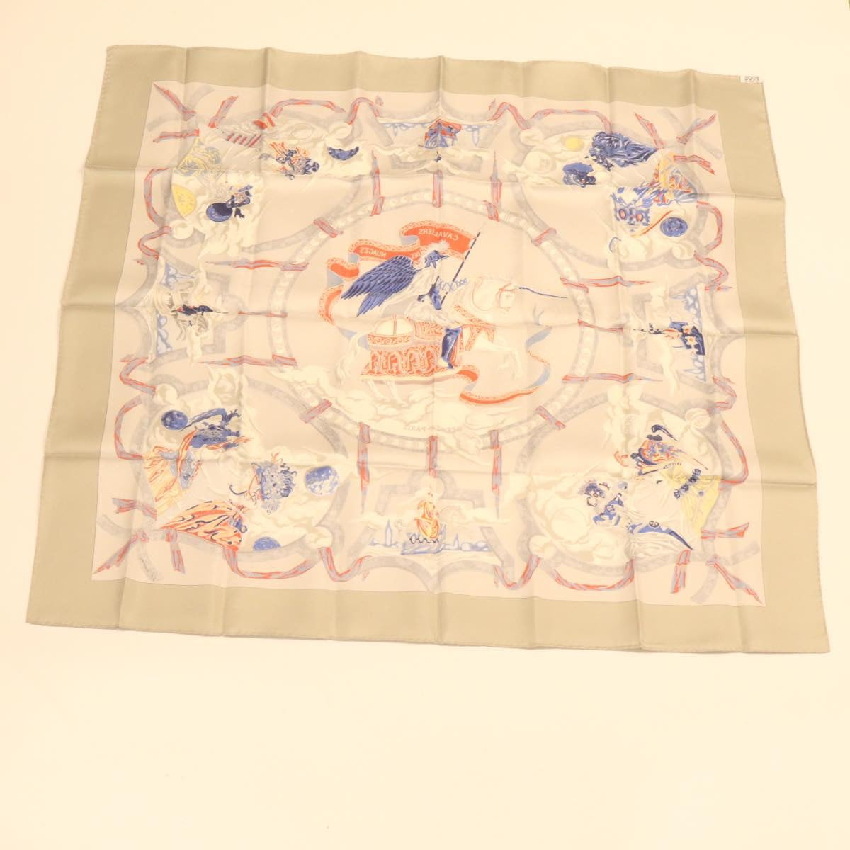 HERMES Carre 90 Scarf CAVALIERS DES NUAGES Scarf Silk 100% Gray Auth am351b