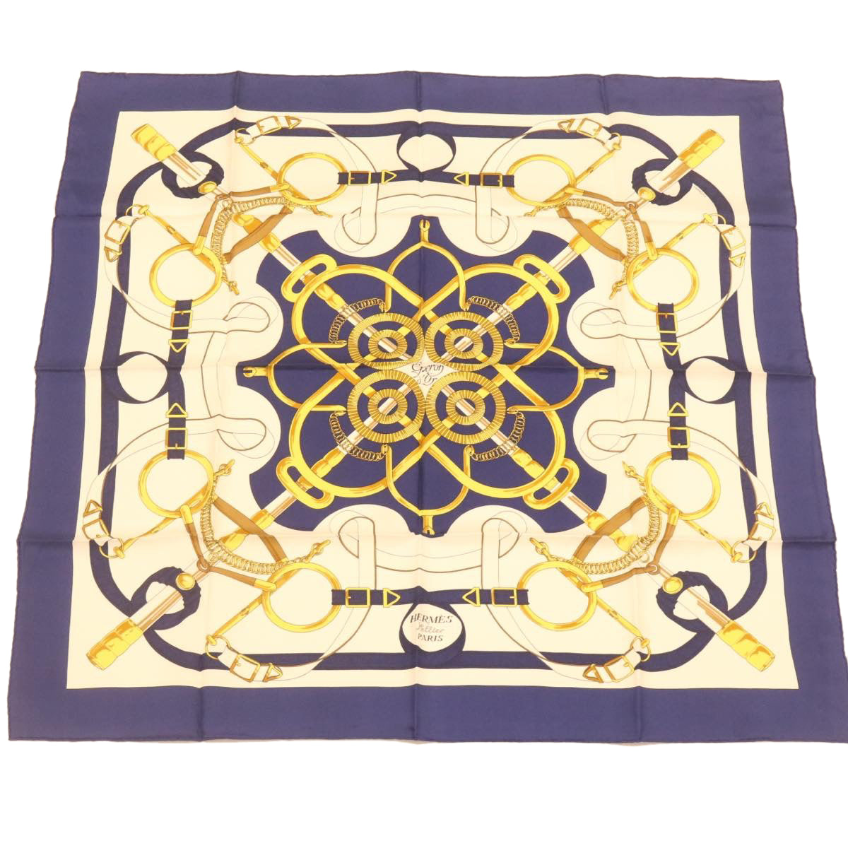 HERMES Carre90 Scarf ""EPERON D'OR"" Silk Blue Auth am373b