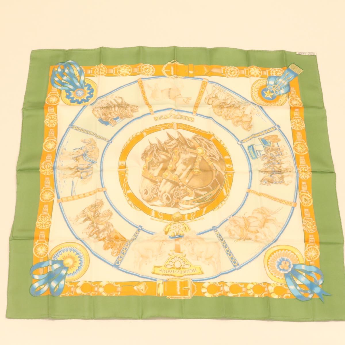 HERMES Carre90 Scarf ""CHEVAIX DE TRAIT"" Silk Green Auth am375b