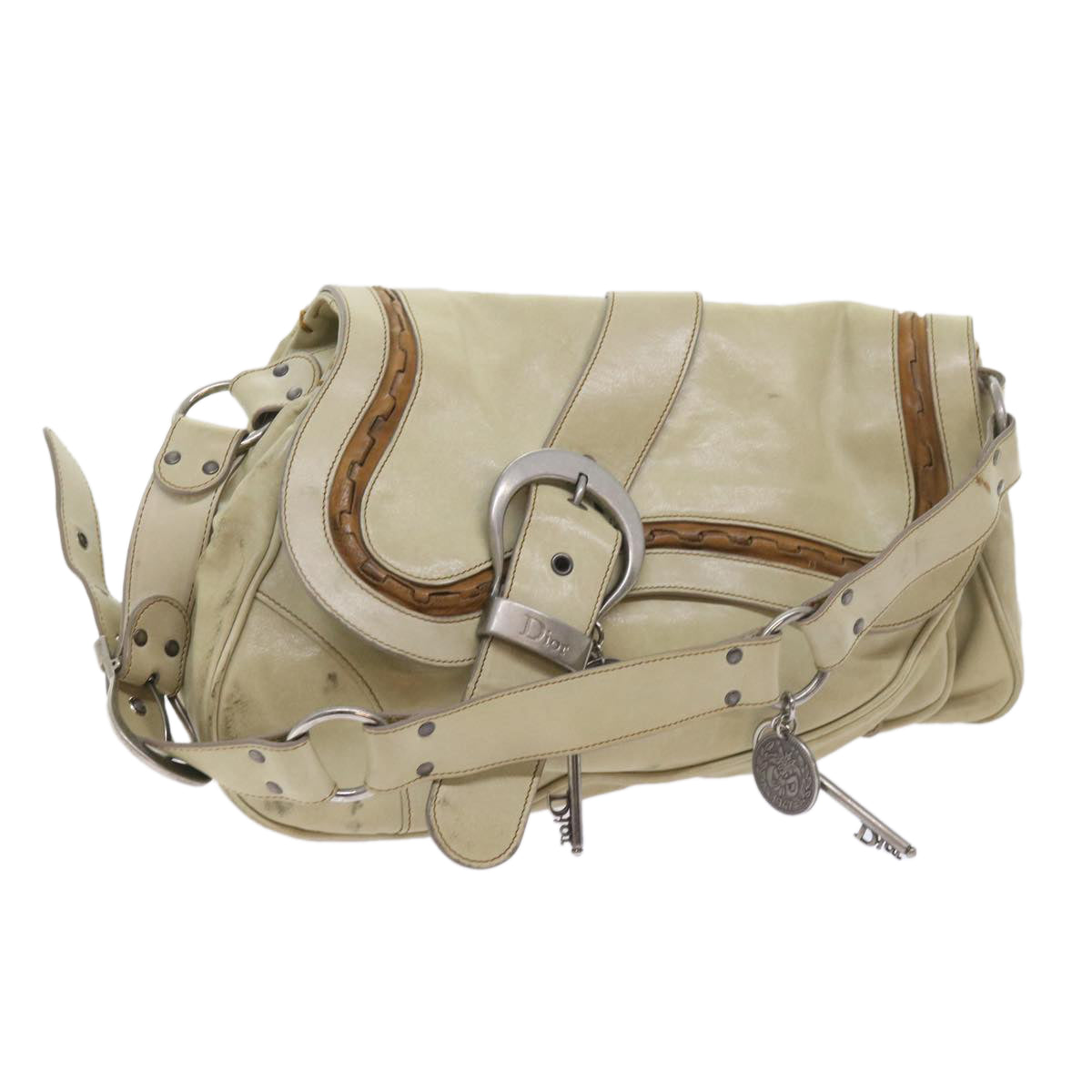 Christian Dior Gaucho Shoulder Bag Leather Beige Auth bs10041