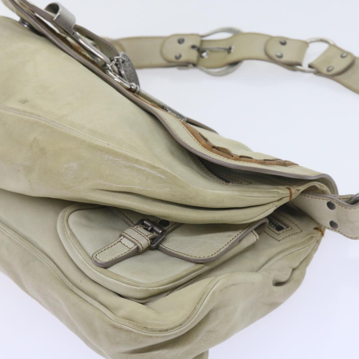 Christian Dior Gaucho Shoulder Bag Leather Beige Auth bs10041