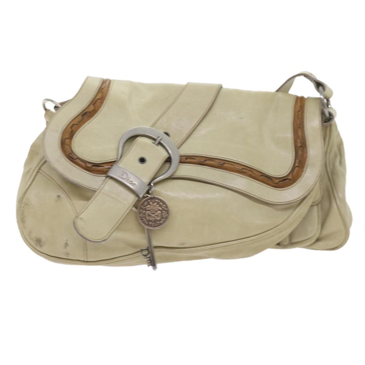 Christian Dior Gaucho Shoulder Bag Leather Beige Auth bs10041