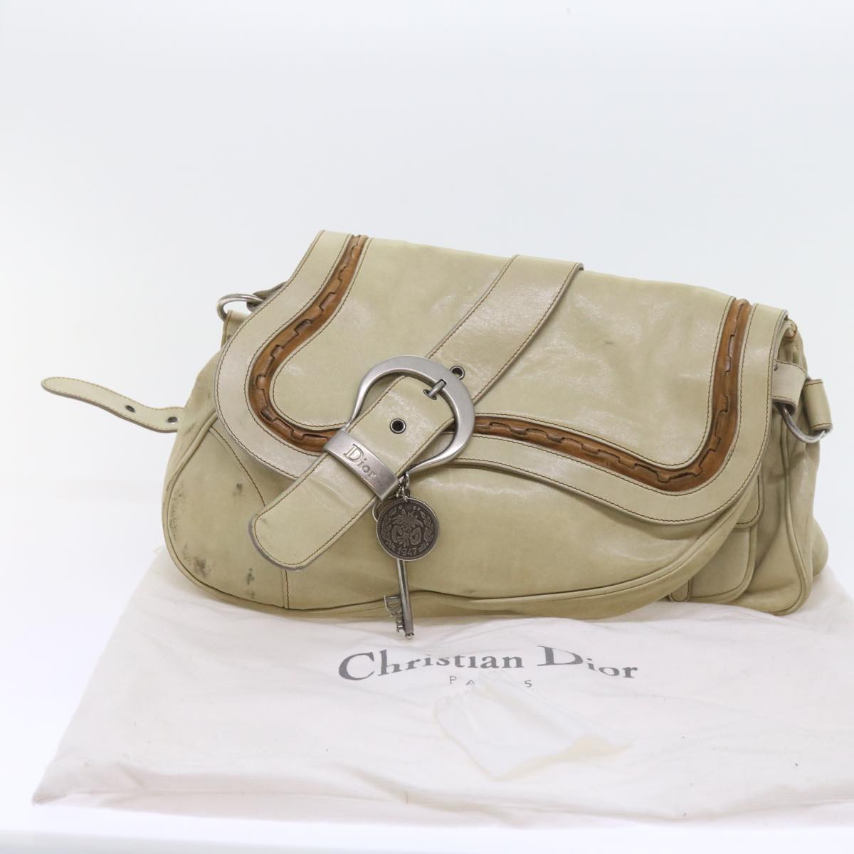 Christian Dior Gaucho Shoulder Bag Leather Beige Auth bs10041