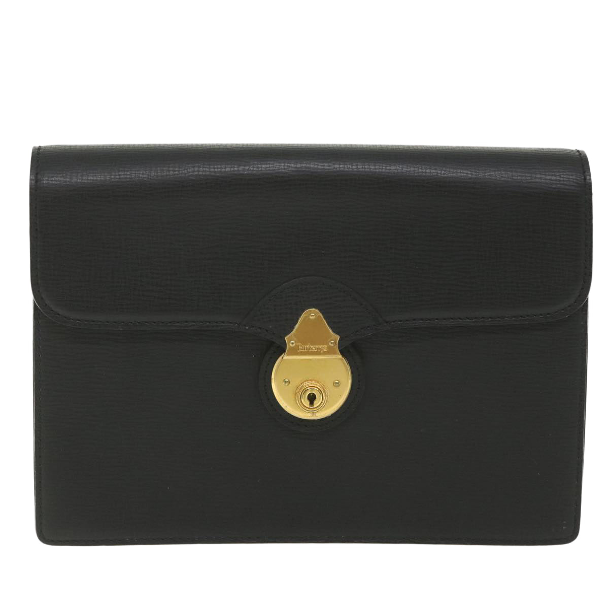 Burberrys Clutch Bag Leather Black Auth bs10055