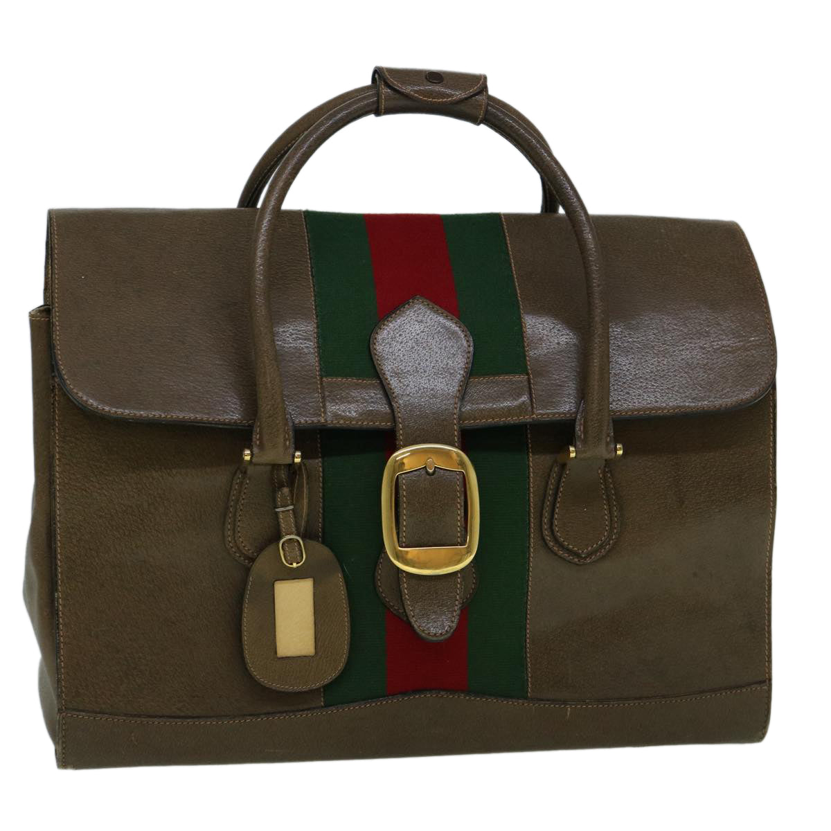 GUCCI Web Sherry Line Shoulder Bag Leather Brown Red Green Auth bs10171