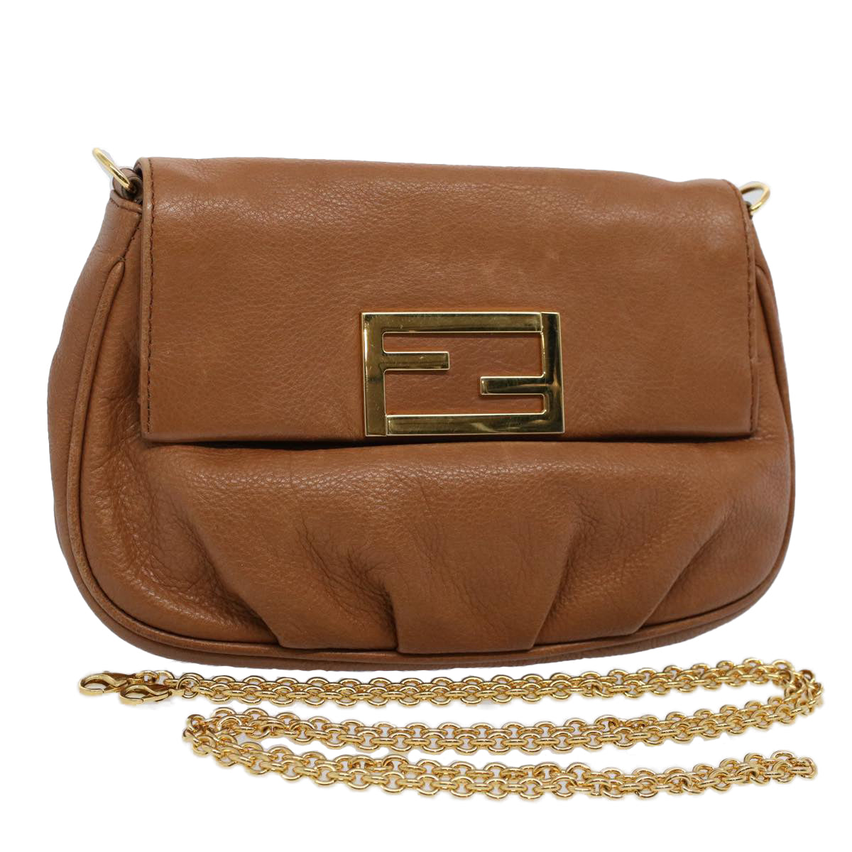 FENDI Chain Shoulder Bag Leather Brown Auth bs10189