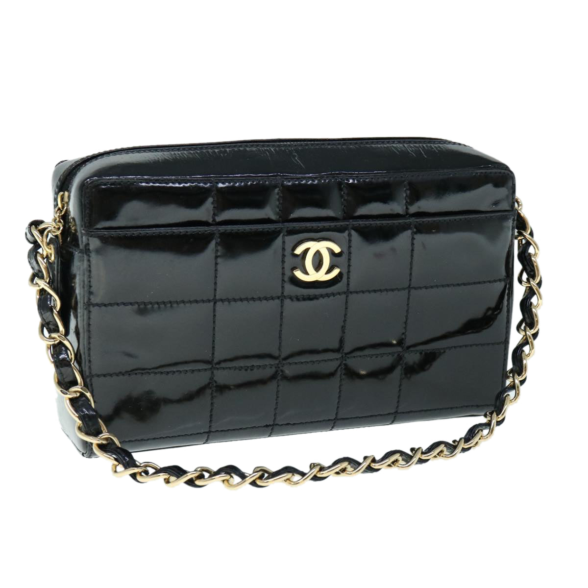 CHANEL Choco Bar line Chain Shoulder Bag Patent leather Black CC Auth bs10320