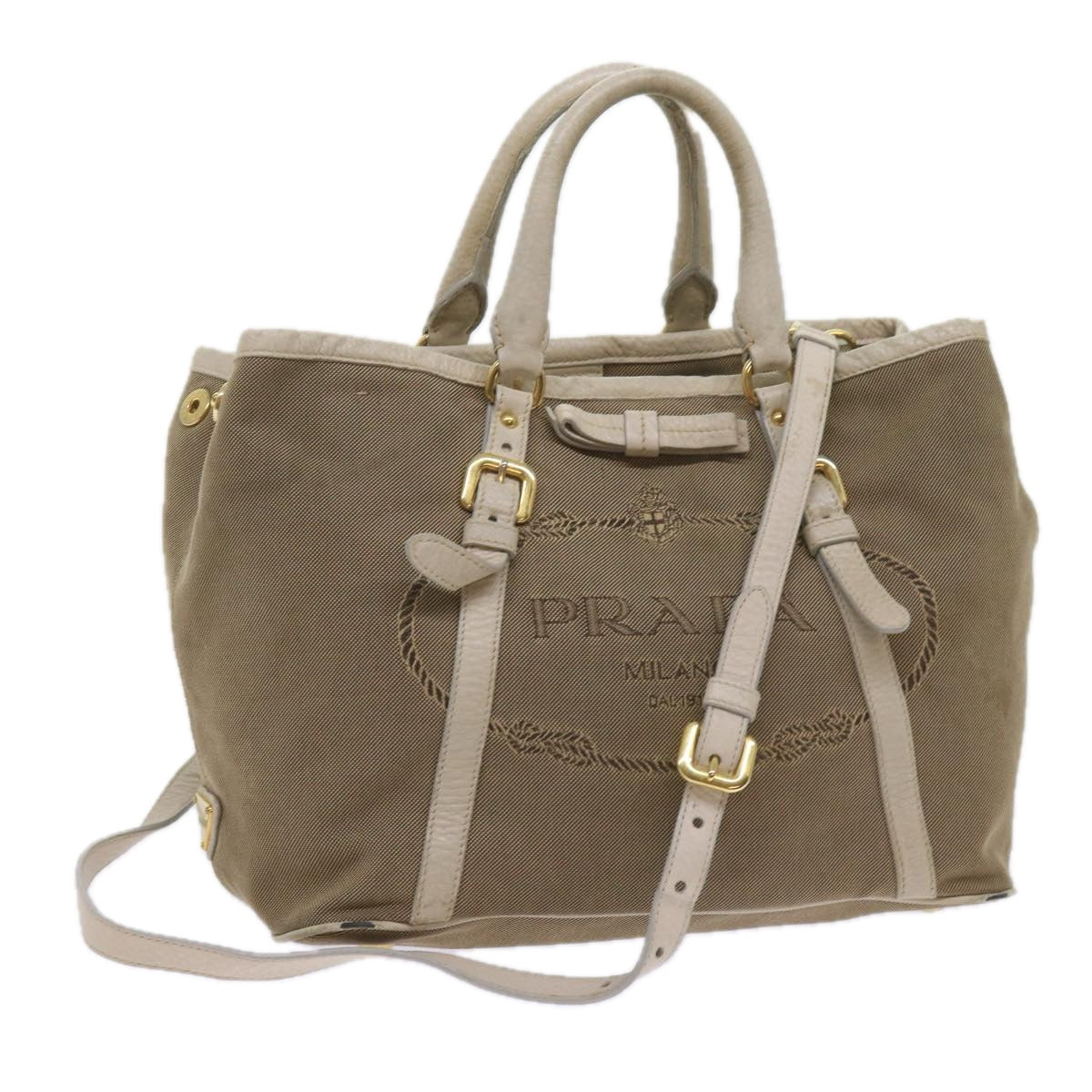 PRADA Hand Bag Canvas Leather 2way Brown Auth bs10386