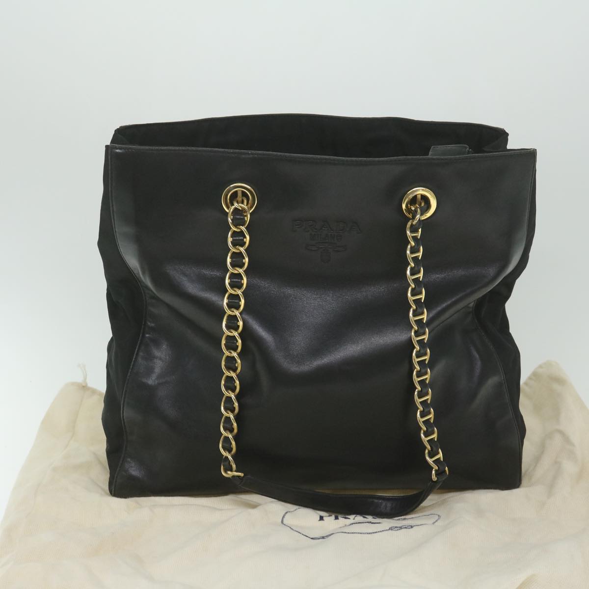 PRADA Chain Shoulder Bag Leather Black Auth bs10390
