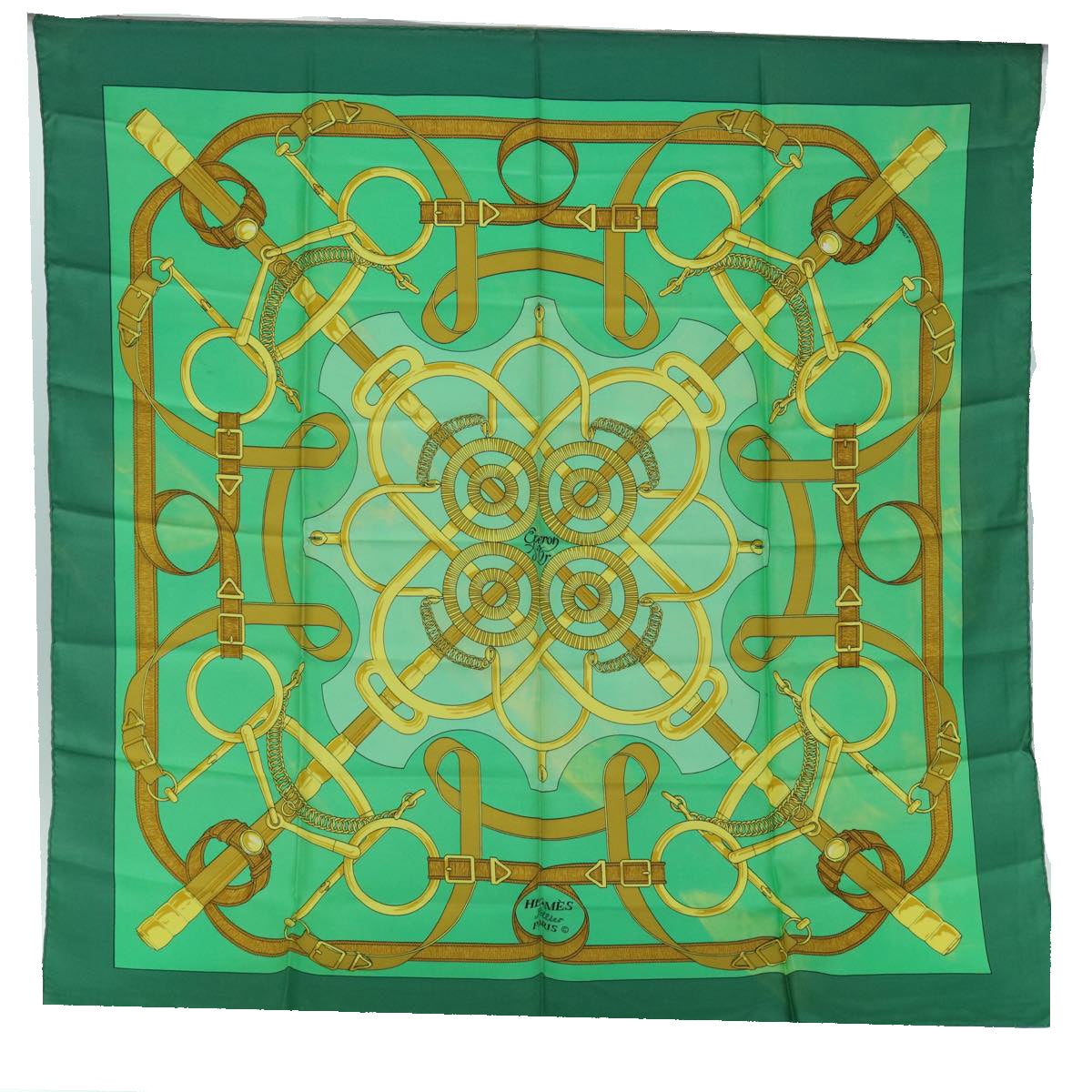HERMES Carre 90 Eperon d'or Scarf Silk Green Auth bs10407