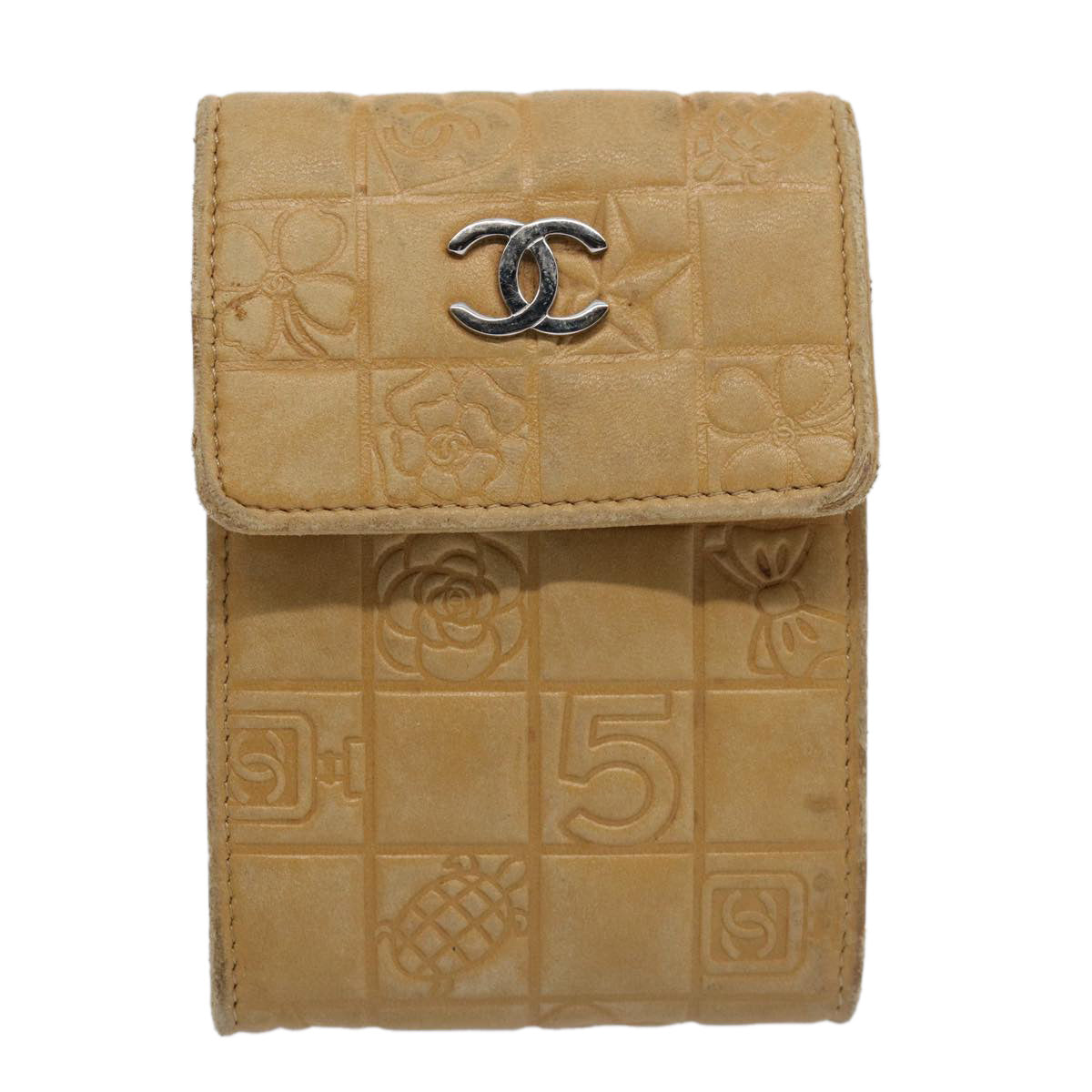 CHANEL Icon line Cigarette Case Leather Beige CC Auth bs10427