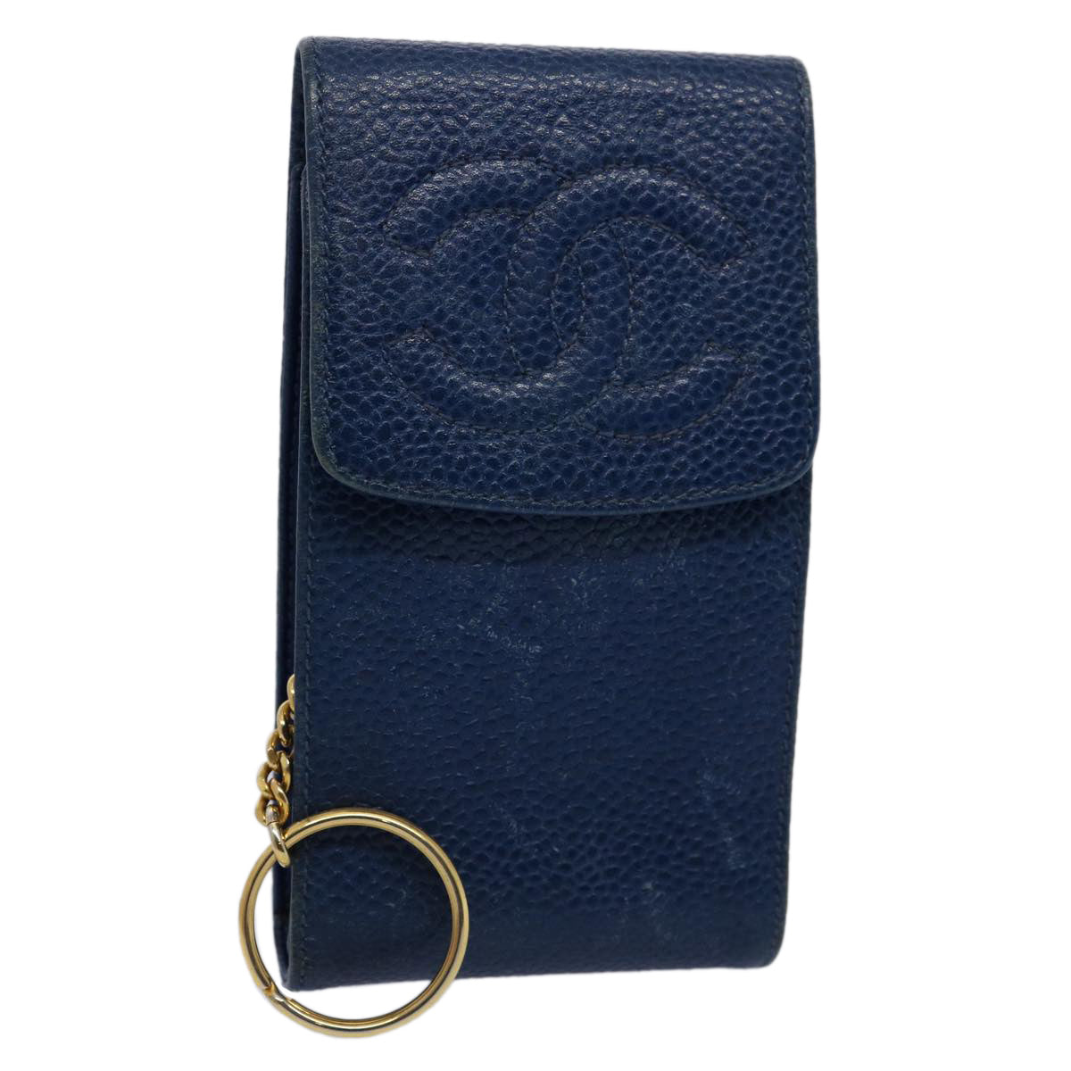 CHANEL Cigarette Case Caviar Skin Blue CC Auth bs10428