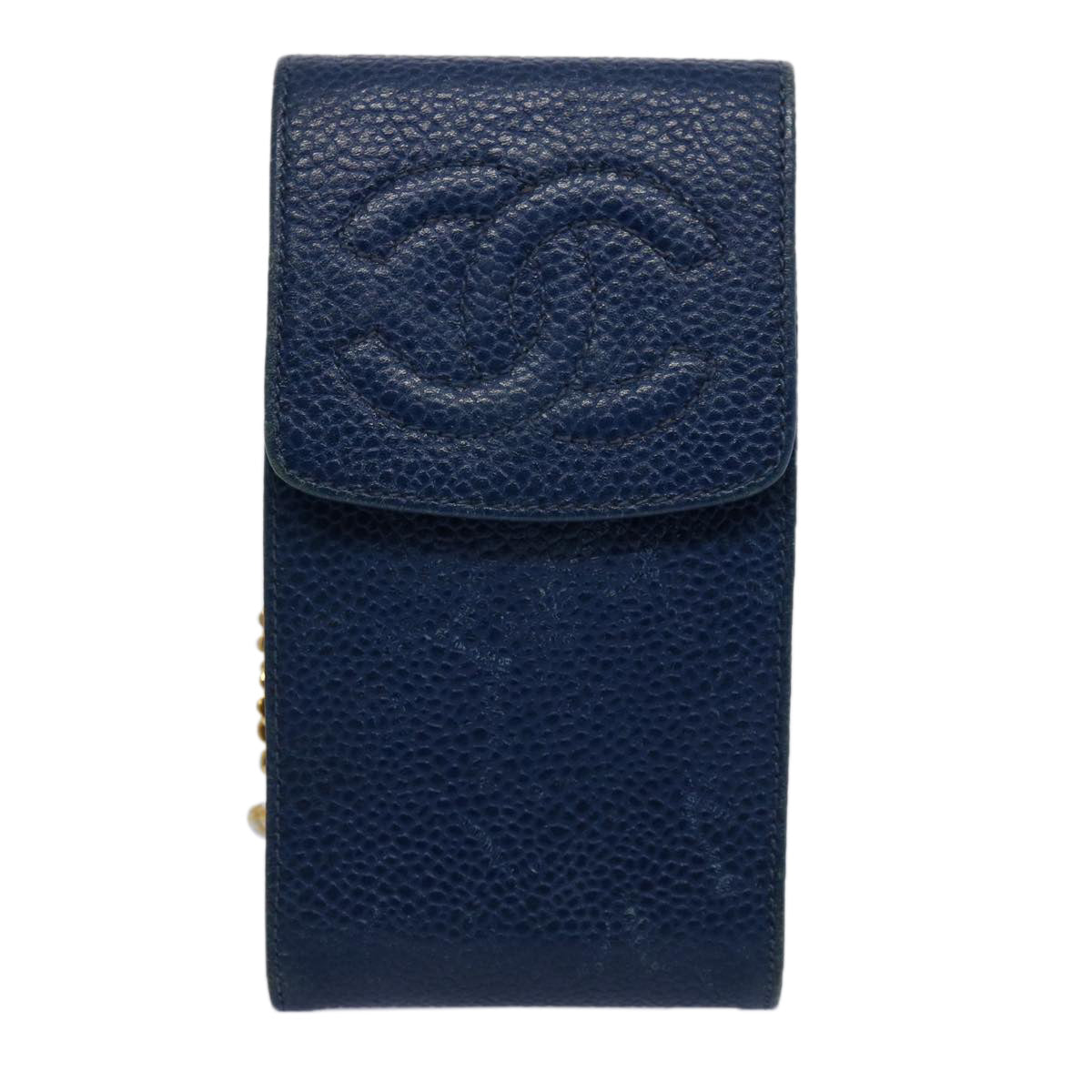 CHANEL Cigarette Case Caviar Skin Blue CC Auth bs10428