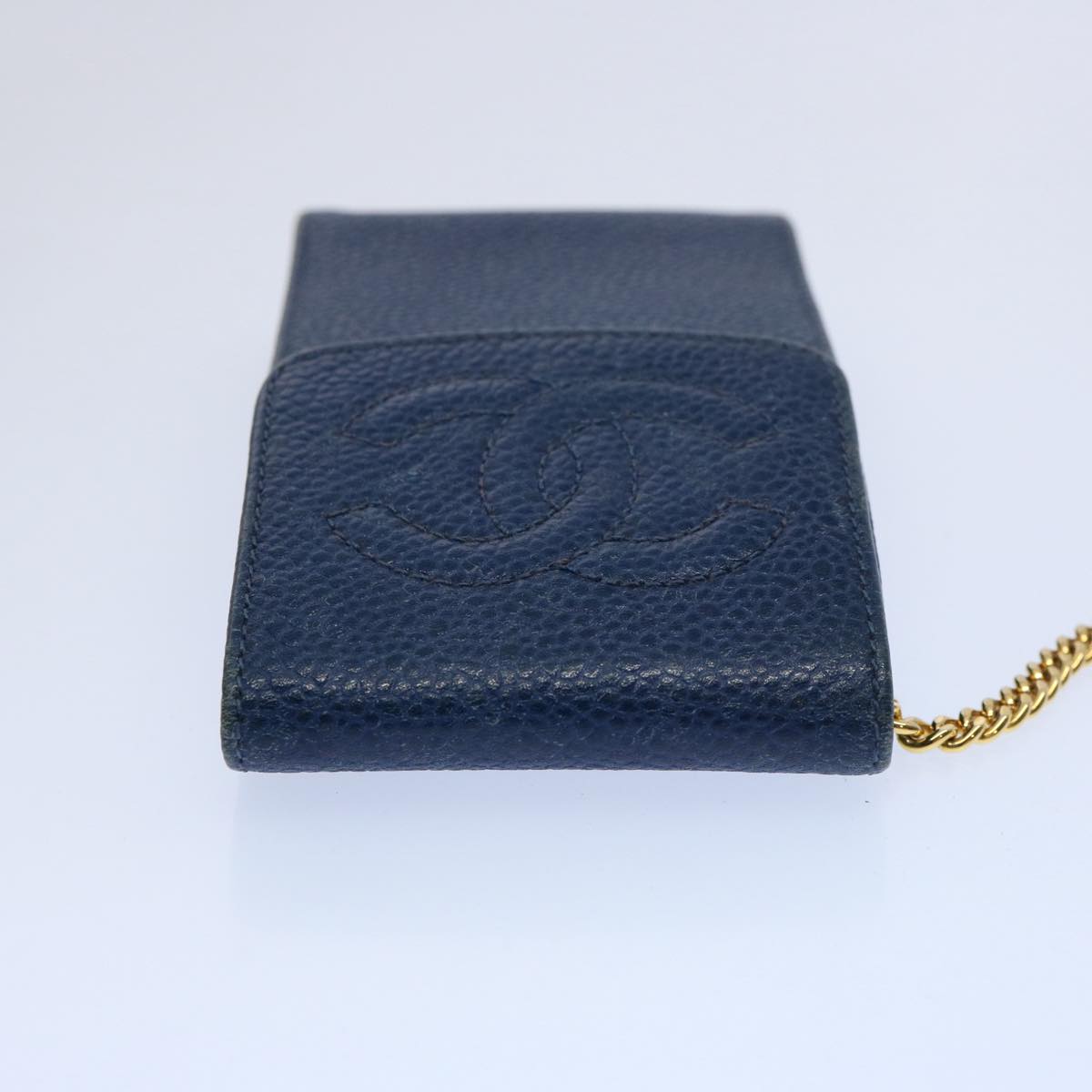 CHANEL Cigarette Case Caviar Skin Blue CC Auth bs10428