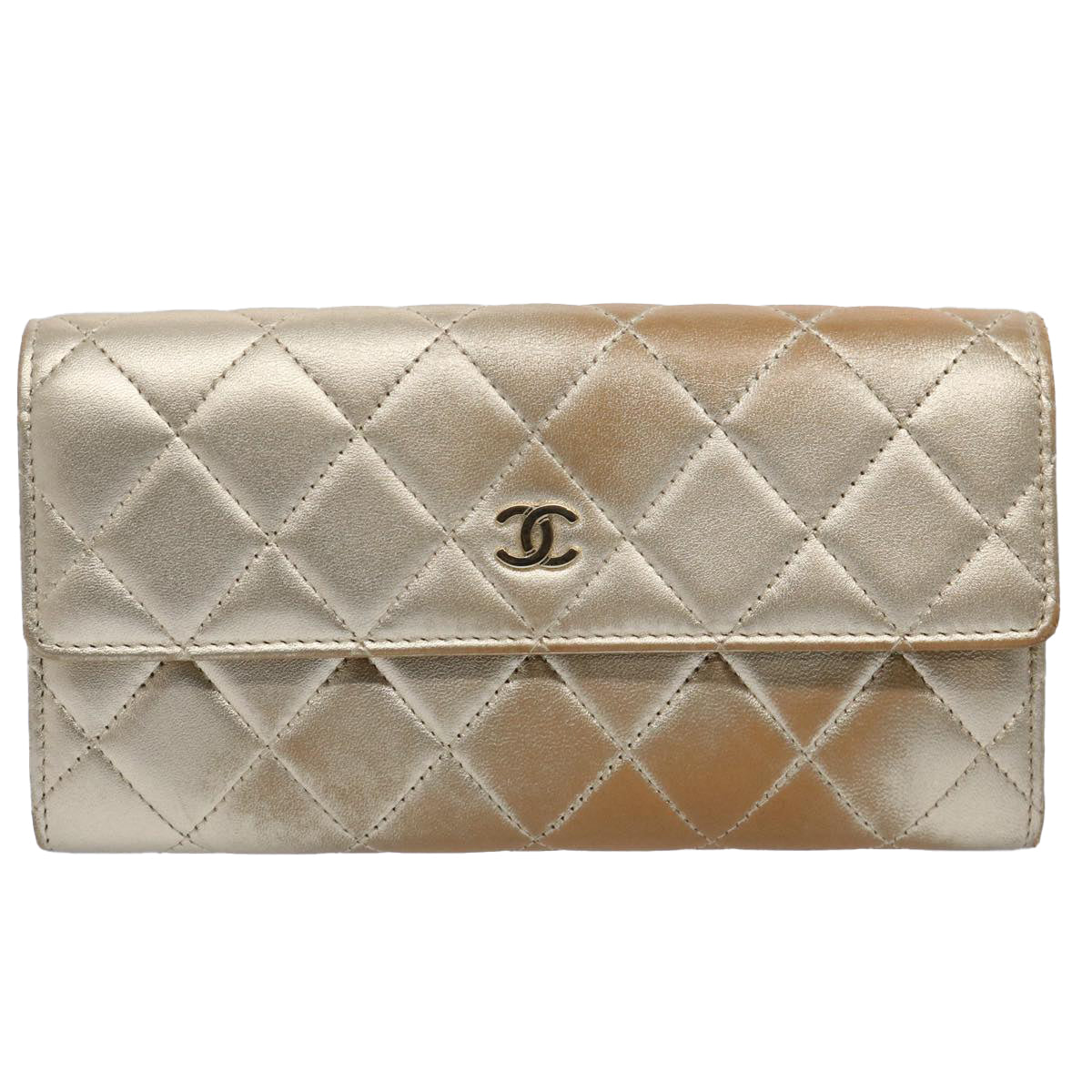 CHANEL Long Wallet Lamb Skin Gold Tone CC Auth bs10438