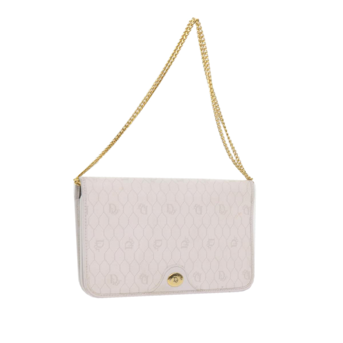 Christian Dior Honeycomb Canvas Chain Shoulder Bag White Auth bs10474