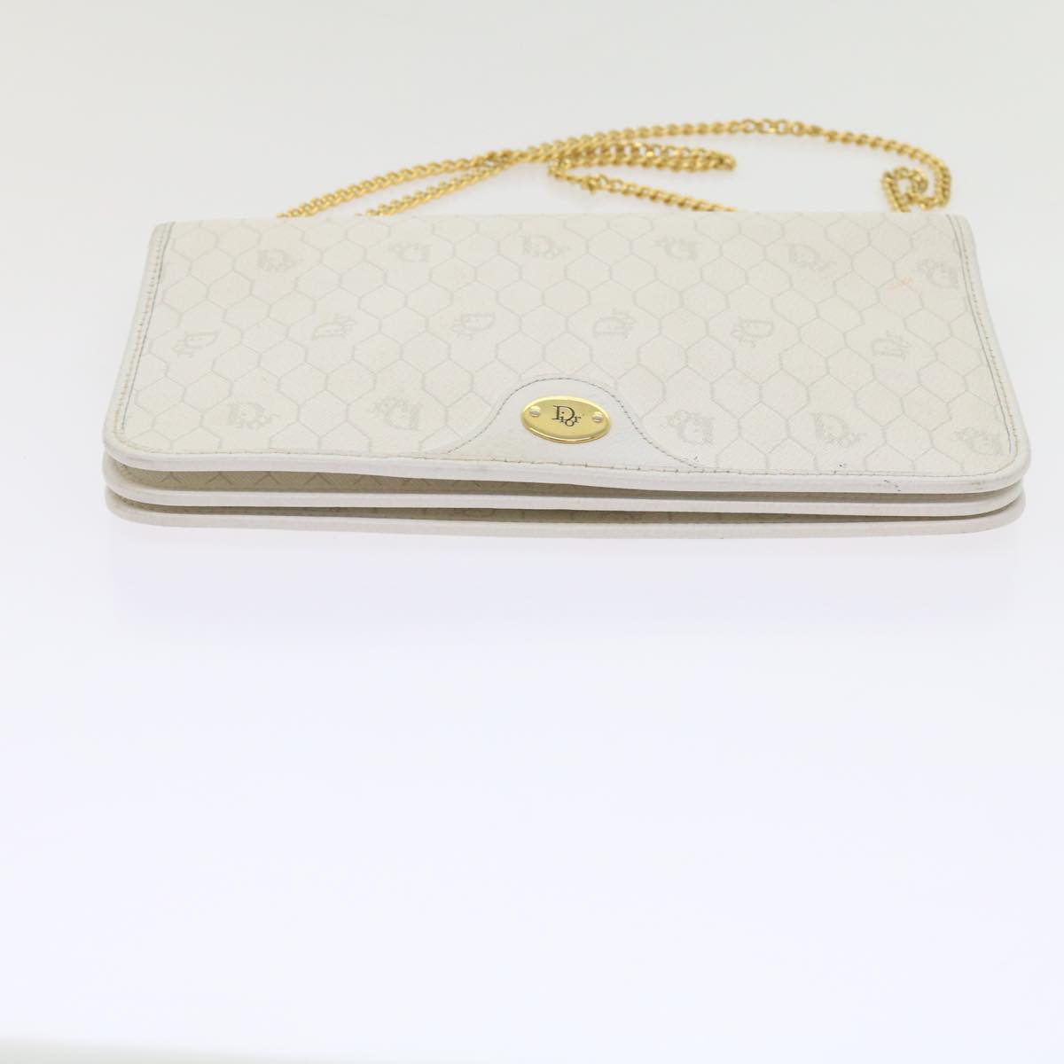 Christian Dior Honeycomb Canvas Chain Shoulder Bag White Auth bs10474