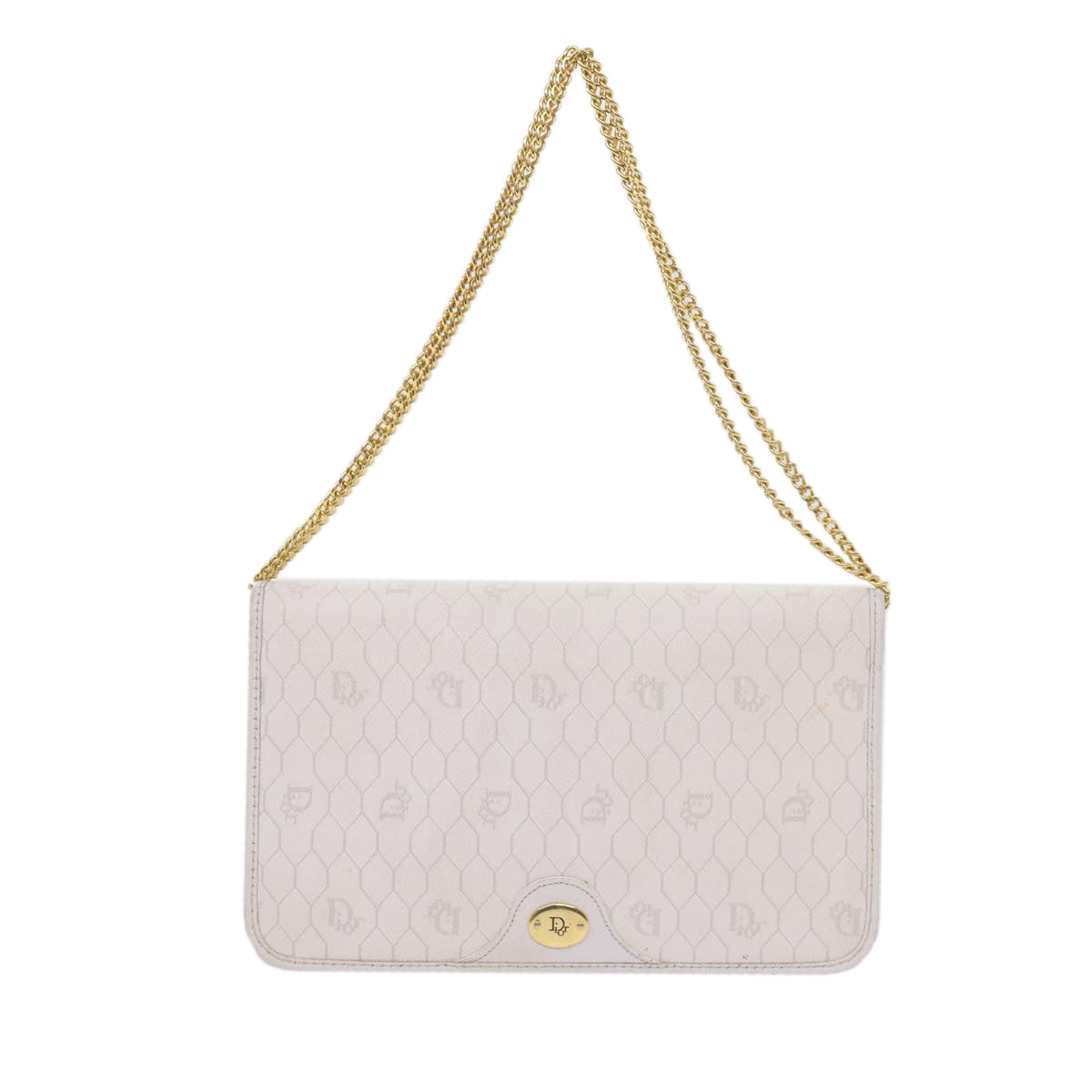 Christian Dior Honeycomb Canvas Chain Shoulder Bag White Auth bs10474