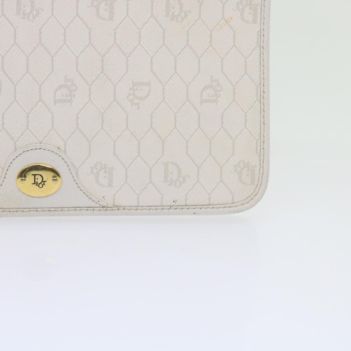 Christian Dior Honeycomb Canvas Chain Shoulder Bag White Auth bs10474