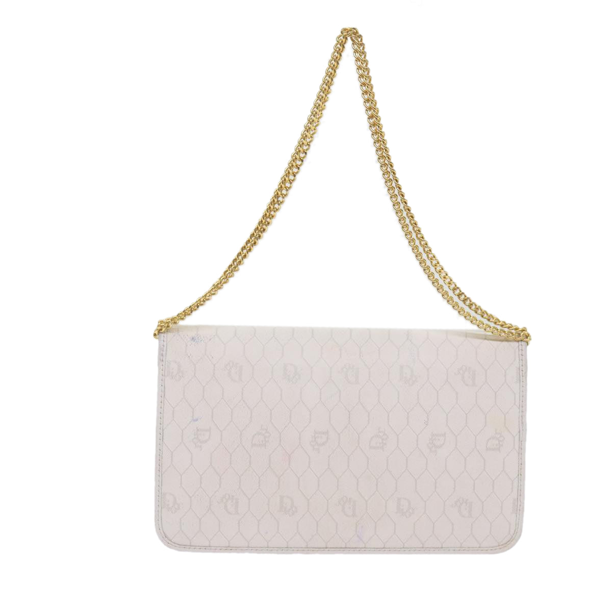 Christian Dior Honeycomb Canvas Chain Shoulder Bag White Auth bs10474