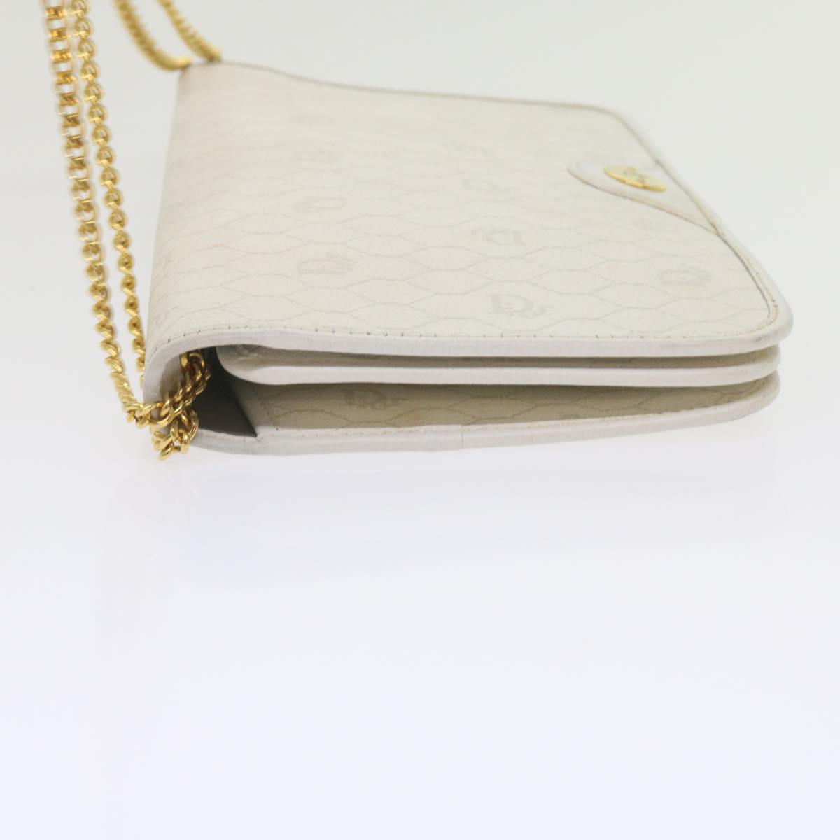 Christian Dior Honeycomb Canvas Chain Shoulder Bag White Auth bs10474