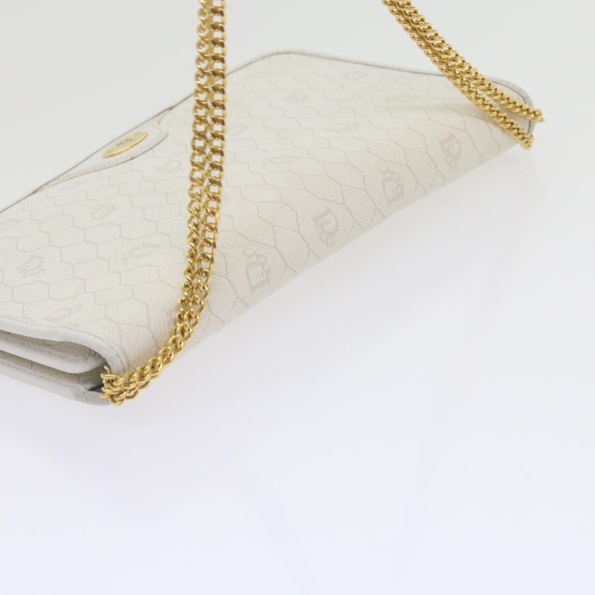 Christian Dior Honeycomb Canvas Chain Shoulder Bag White Auth bs10474