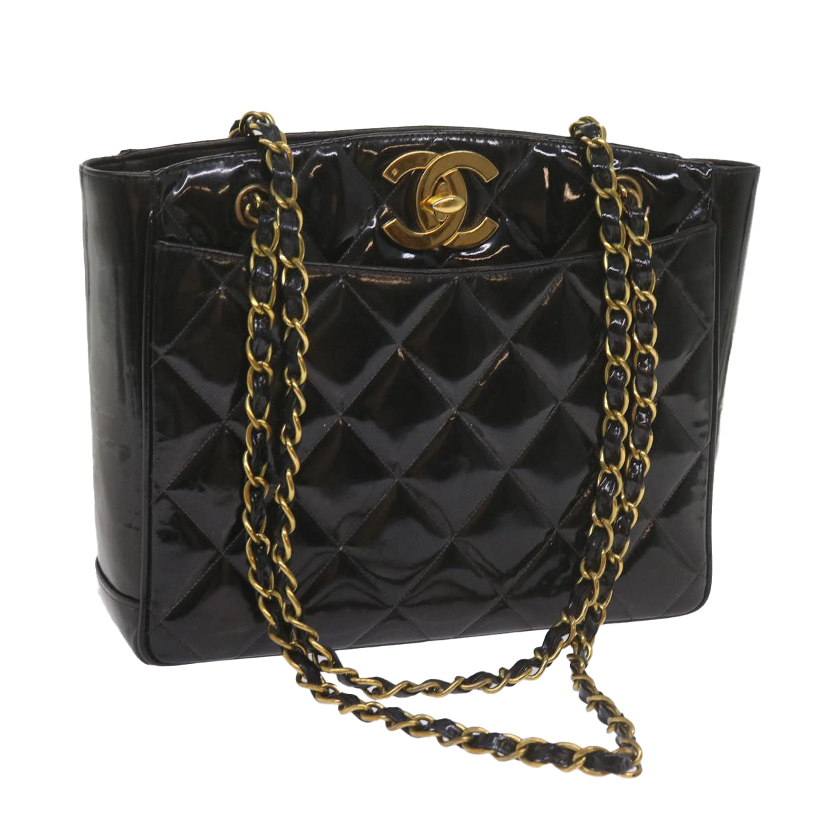 CHANEL Matelasse Chain Shoulder Bag Patent leather Black CC Auth bs10554