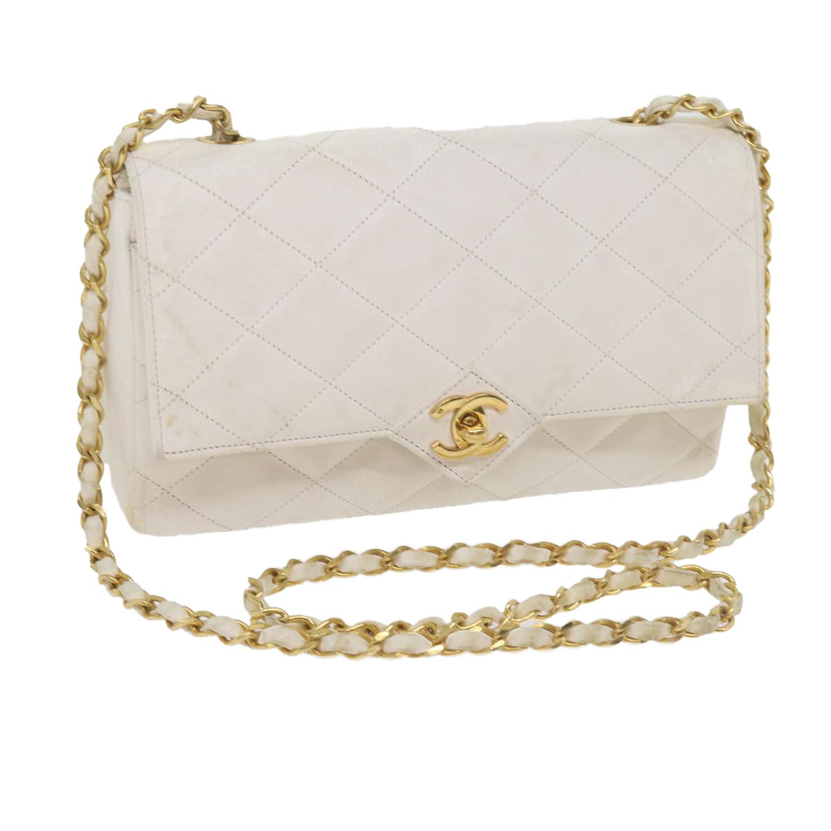 CHANEL Matelasse Chain Shoulder Bag Lamb Skin White CC Auth bs10562