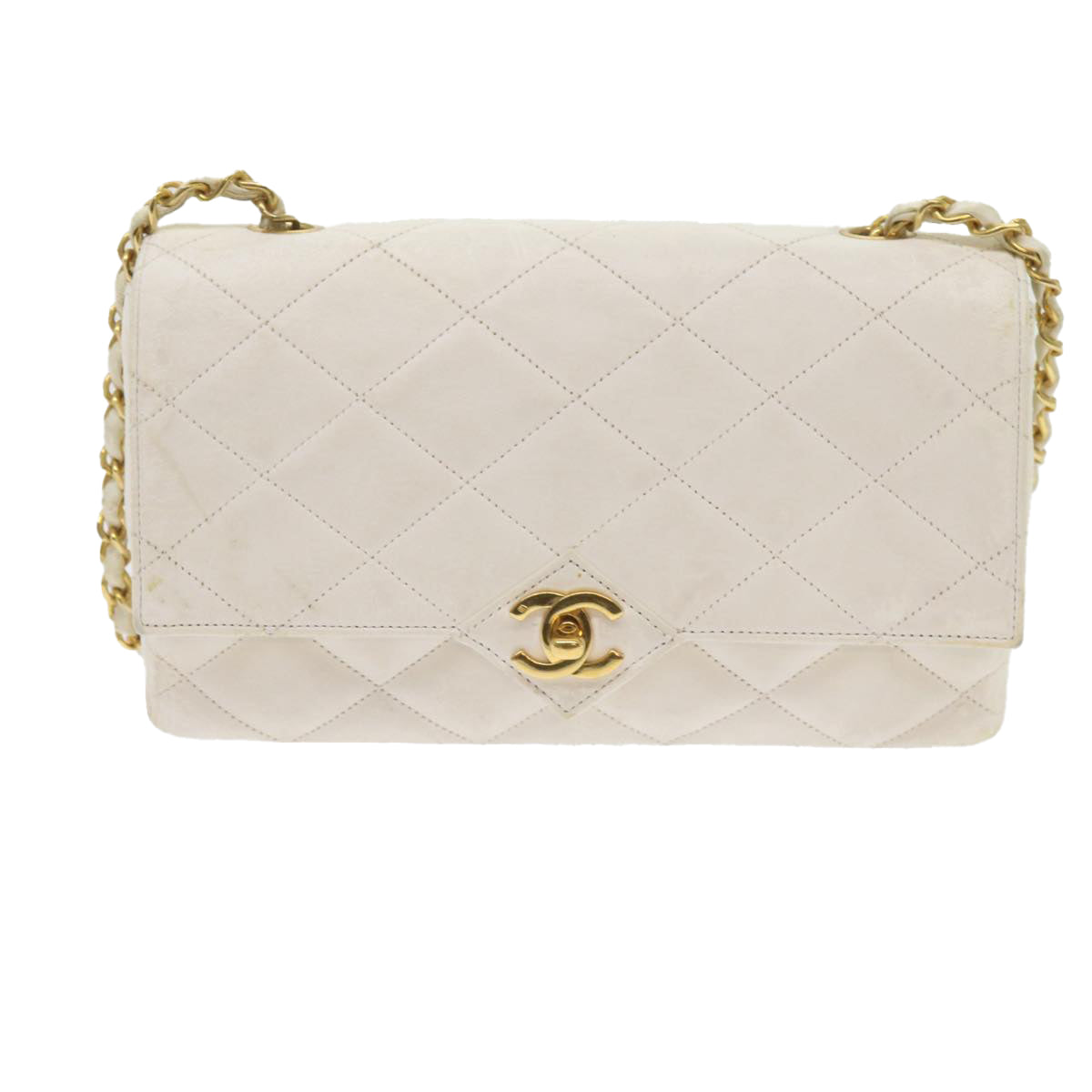 CHANEL Matelasse Chain Shoulder Bag Lamb Skin White CC Auth bs10562