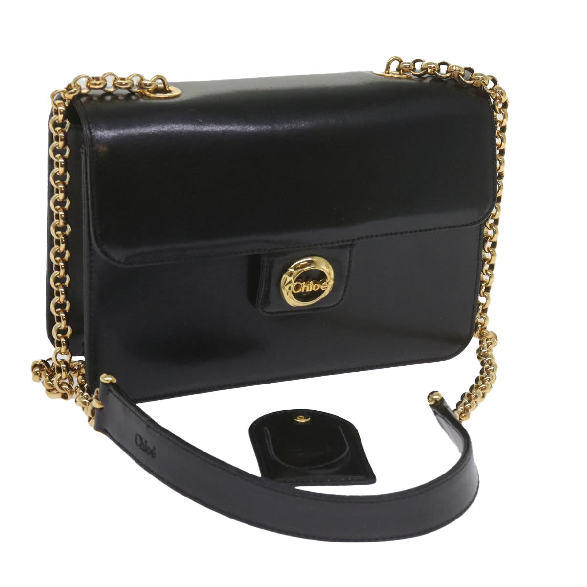 Chloe Chain Shoulder Bag Leather Black Auth bs10630