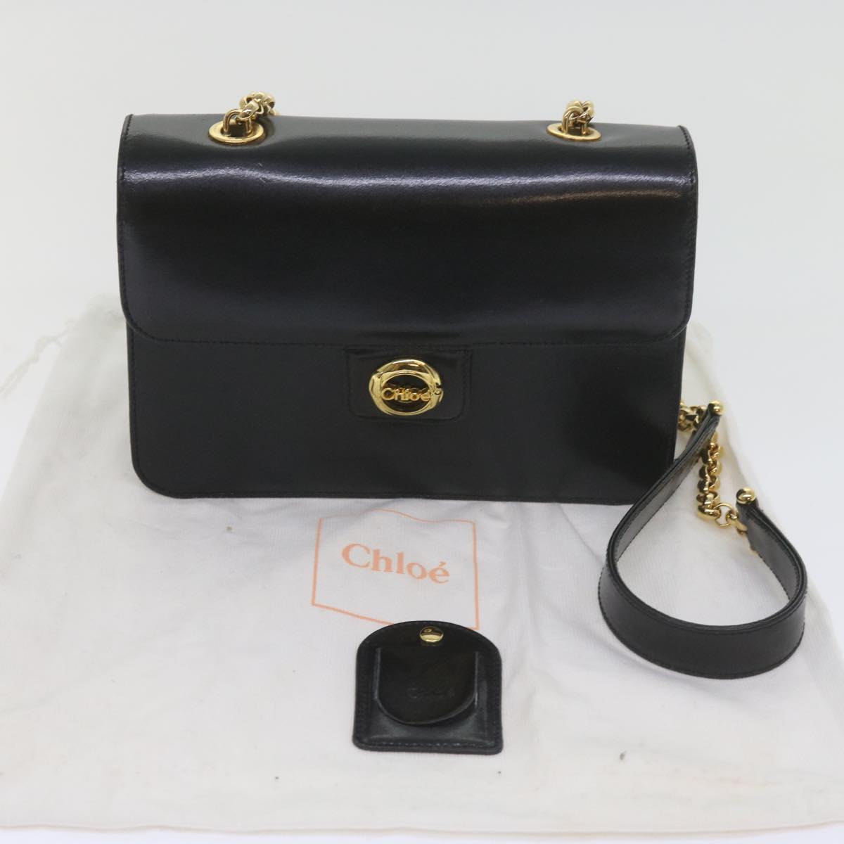 Chloe Chain Shoulder Bag Leather Black Auth bs10630