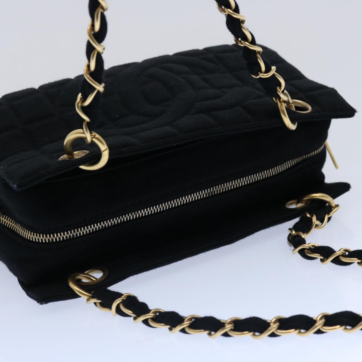 CHANEL Choco Bar Chain Shoulder Bag Cotton Black CC Auth bs10700